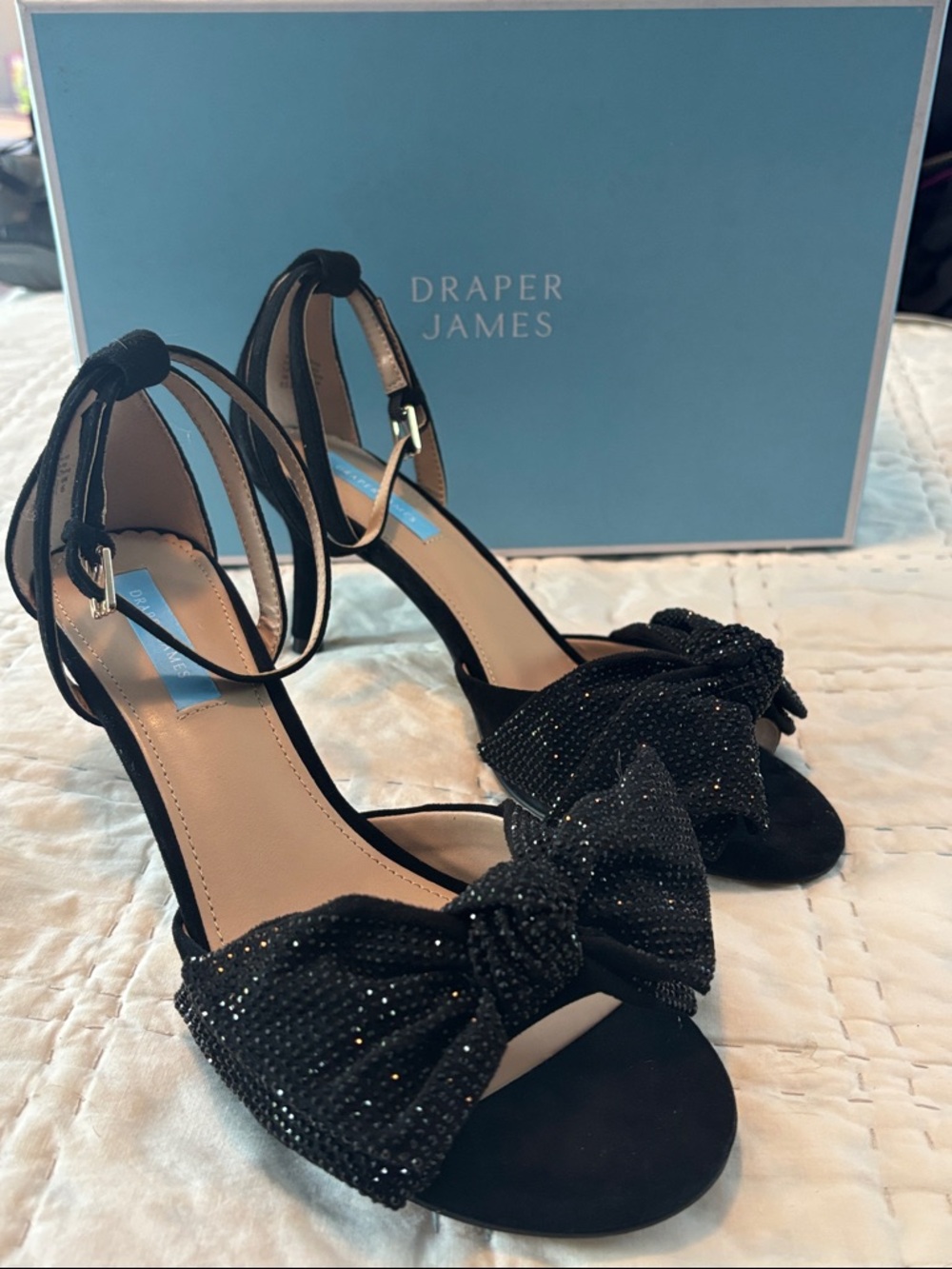 Draper James LIVIA black bow ankle-strap heels * sz 8.5 * with box!